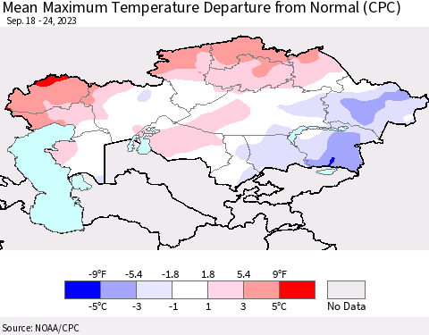 Kazakhstan Mean Maximum Temperature Departure from Normal (CPC) Thematic Map For 9/18/2023 - 9/24/2023
