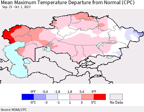 Kazakhstan Mean Maximum Temperature Departure from Normal (CPC) Thematic Map For 9/25/2023 - 10/1/2023