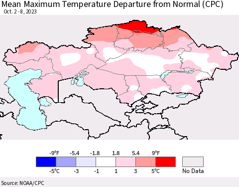 Kazakhstan Mean Maximum Temperature Departure from Normal (CPC) Thematic Map For 10/2/2023 - 10/8/2023