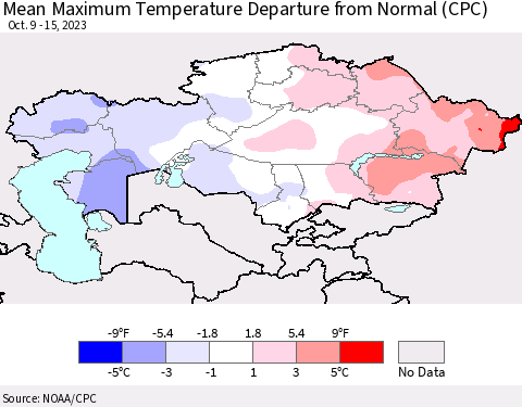Kazakhstan Mean Maximum Temperature Departure from Normal (CPC) Thematic Map For 10/9/2023 - 10/15/2023