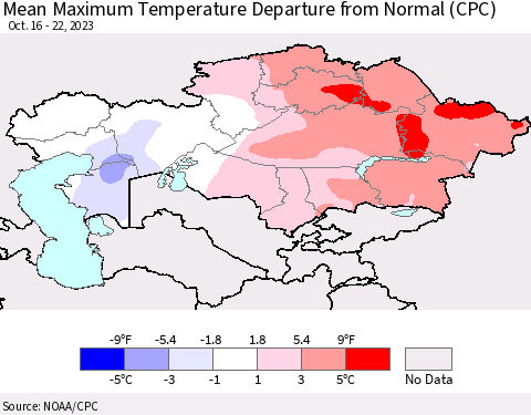 Kazakhstan Mean Maximum Temperature Departure from Normal (CPC) Thematic Map For 10/16/2023 - 10/22/2023
