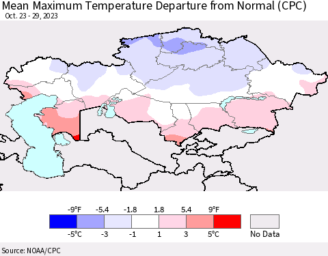 Kazakhstan Mean Maximum Temperature Departure from Normal (CPC) Thematic Map For 10/23/2023 - 10/29/2023