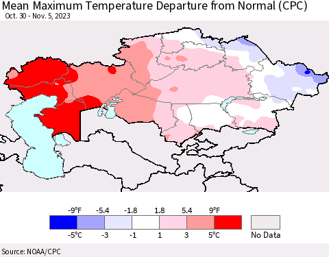 Kazakhstan Mean Maximum Temperature Departure from Normal (CPC) Thematic Map For 10/30/2023 - 11/5/2023