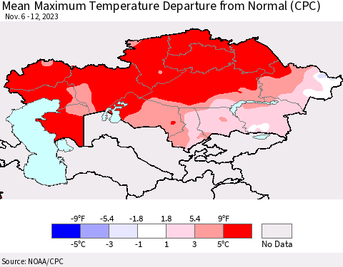 Kazakhstan Mean Maximum Temperature Departure from Normal (CPC) Thematic Map For 11/6/2023 - 11/12/2023