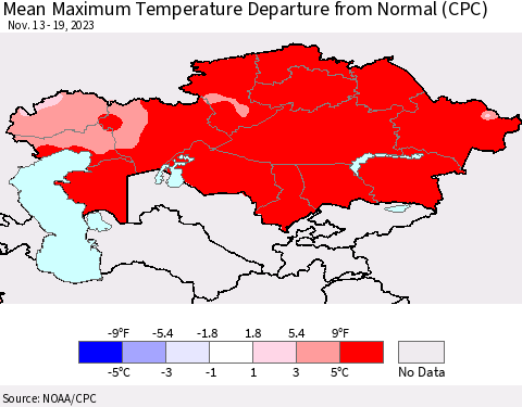 Kazakhstan Mean Maximum Temperature Departure from Normal (CPC) Thematic Map For 11/13/2023 - 11/19/2023