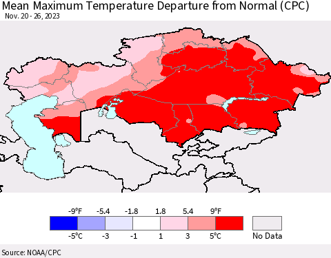 Kazakhstan Mean Maximum Temperature Departure from Normal (CPC) Thematic Map For 11/20/2023 - 11/26/2023