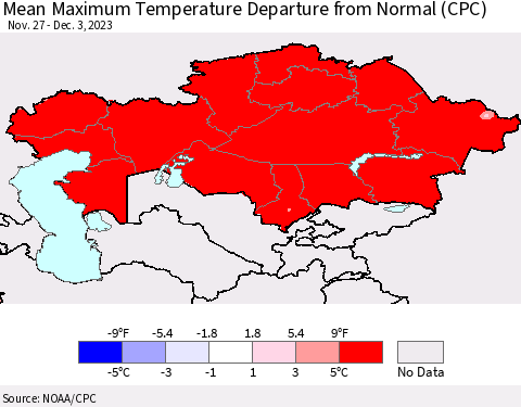Kazakhstan Mean Maximum Temperature Departure from Normal (CPC) Thematic Map For 11/27/2023 - 12/3/2023