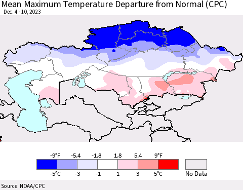 Kazakhstan Mean Maximum Temperature Departure from Normal (CPC) Thematic Map For 12/4/2023 - 12/10/2023