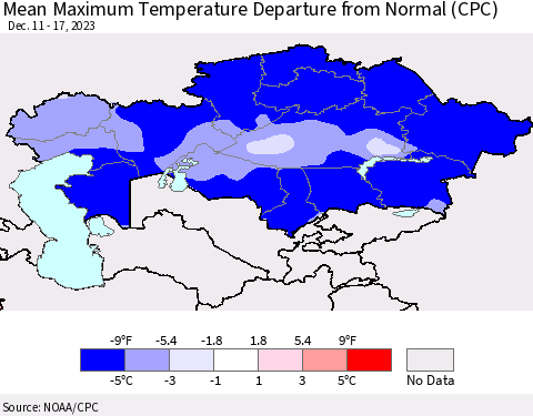 Kazakhstan Mean Maximum Temperature Departure from Normal (CPC) Thematic Map For 12/11/2023 - 12/17/2023