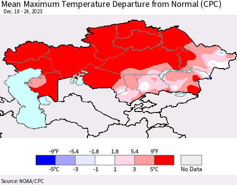Kazakhstan Mean Maximum Temperature Departure from Normal (CPC) Thematic Map For 12/18/2023 - 12/24/2023