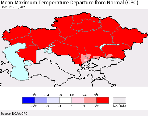 Kazakhstan Mean Maximum Temperature Departure from Normal (CPC) Thematic Map For 12/25/2023 - 12/31/2023