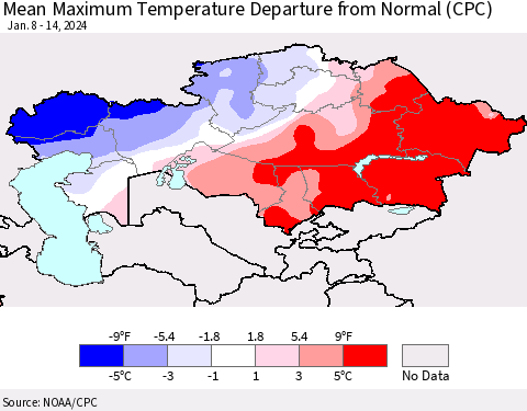 Kazakhstan Mean Maximum Temperature Departure from Normal (CPC) Thematic Map For 1/8/2024 - 1/14/2024