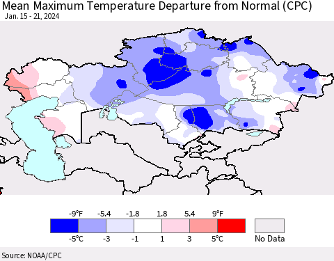 Kazakhstan Mean Maximum Temperature Departure from Normal (CPC) Thematic Map For 1/15/2024 - 1/21/2024
