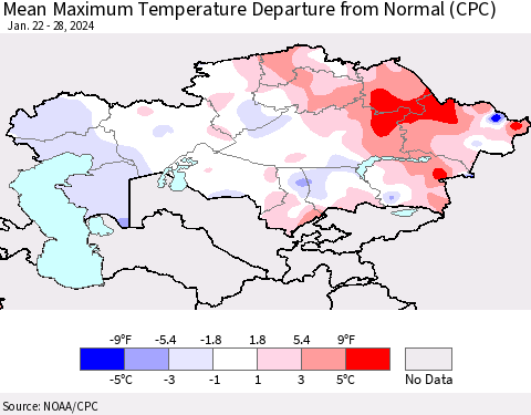 Kazakhstan Mean Maximum Temperature Departure from Normal (CPC) Thematic Map For 1/22/2024 - 1/28/2024