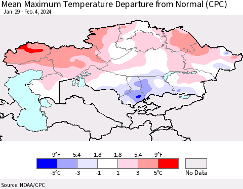 Kazakhstan Mean Maximum Temperature Departure from Normal (CPC) Thematic Map For 1/29/2024 - 2/4/2024