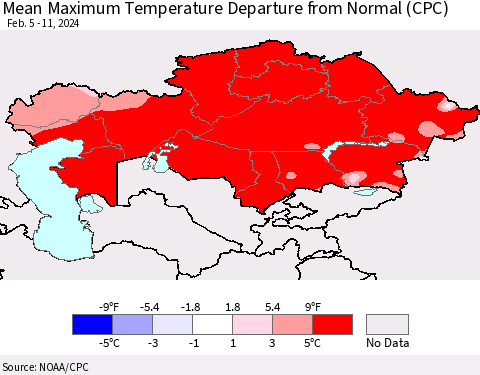 Kazakhstan Mean Maximum Temperature Departure from Normal (CPC) Thematic Map For 2/5/2024 - 2/11/2024