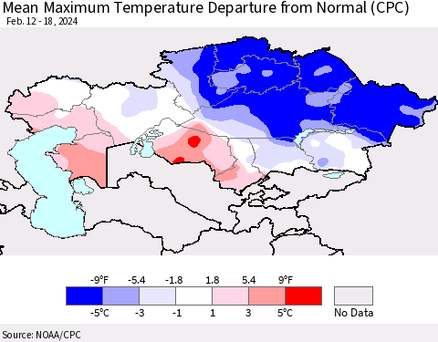 Kazakhstan Mean Maximum Temperature Departure from Normal (CPC) Thematic Map For 2/12/2024 - 2/18/2024