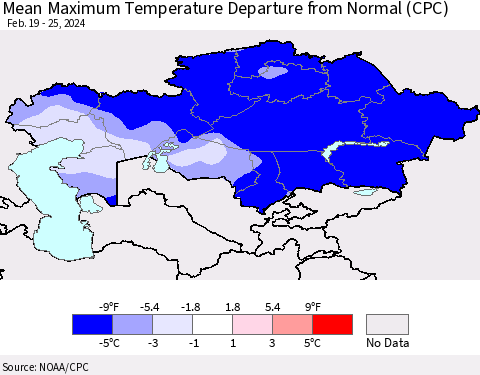 Kazakhstan Mean Maximum Temperature Departure from Normal (CPC) Thematic Map For 2/19/2024 - 2/25/2024