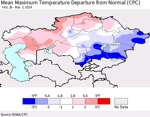 Kazakhstan Mean Maximum Temperature Departure from Normal (CPC) Thematic Map For 2/26/2024 - 3/3/2024