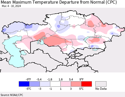 Kazakhstan Mean Maximum Temperature Departure from Normal (CPC) Thematic Map For 3/4/2024 - 3/10/2024