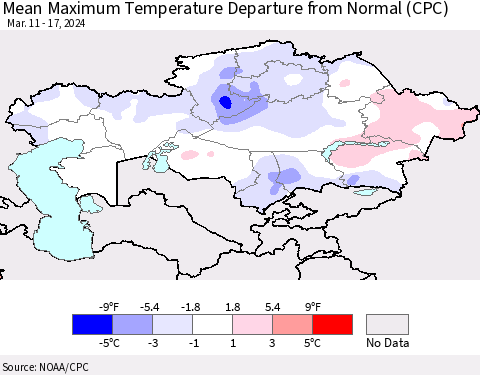 Kazakhstan Mean Maximum Temperature Departure from Normal (CPC) Thematic Map For 3/11/2024 - 3/17/2024