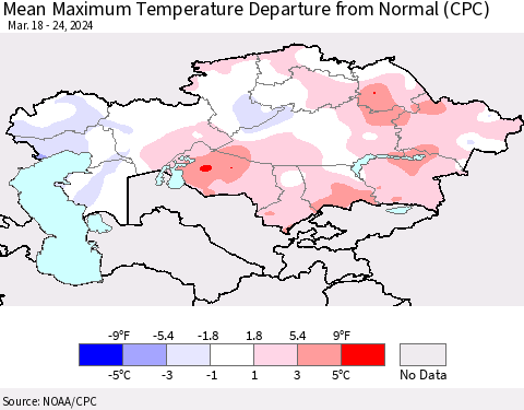 Kazakhstan Mean Maximum Temperature Departure from Normal (CPC) Thematic Map For 3/18/2024 - 3/24/2024