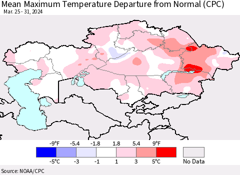 Kazakhstan Mean Maximum Temperature Departure from Normal (CPC) Thematic Map For 3/25/2024 - 3/31/2024