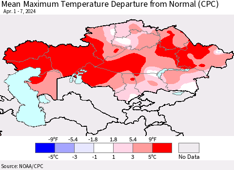 Kazakhstan Mean Maximum Temperature Departure from Normal (CPC) Thematic Map For 4/1/2024 - 4/7/2024