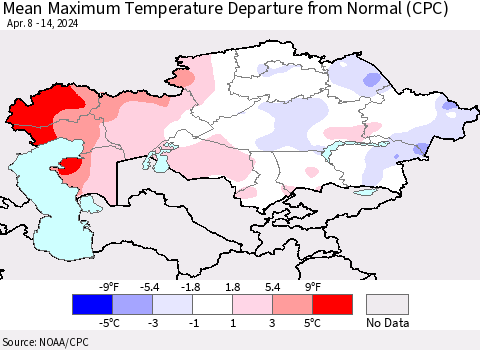 Kazakhstan Mean Maximum Temperature Departure from Normal (CPC) Thematic Map For 4/8/2024 - 4/14/2024