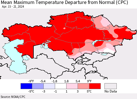 Kazakhstan Mean Maximum Temperature Departure from Normal (CPC) Thematic Map For 4/15/2024 - 4/21/2024