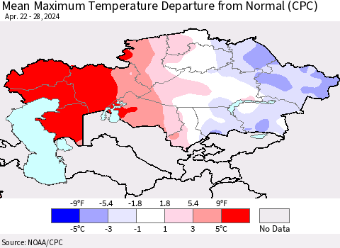 Kazakhstan Mean Maximum Temperature Departure from Normal (CPC) Thematic Map For 4/22/2024 - 4/28/2024