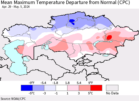 Kazakhstan Mean Maximum Temperature Departure from Normal (CPC) Thematic Map For 4/29/2024 - 5/5/2024