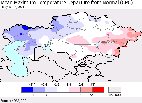 Kazakhstan Mean Maximum Temperature Departure from Normal (CPC) Thematic Map For 5/6/2024 - 5/12/2024
