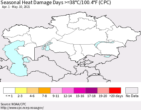 Kazakhstan Seasonal Heat Damage Days >=38°C/100°F (CPC) Thematic Map For 4/1/2021 - 5/10/2021