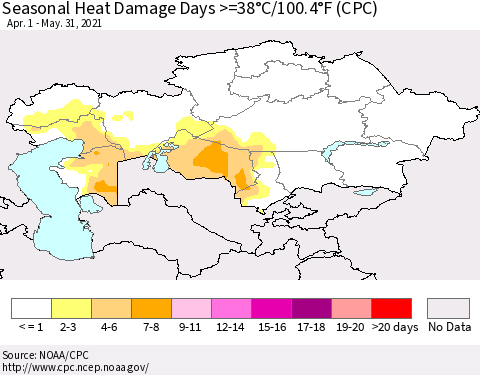 Kazakhstan Seasonal Heat Damage Days >=38°C/100°F (CPC) Thematic Map For 4/1/2021 - 5/31/2021