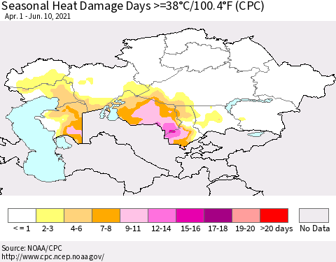 Kazakhstan Seasonal Heat Damage Days >=38°C/100°F (CPC) Thematic Map For 4/1/2021 - 6/10/2021