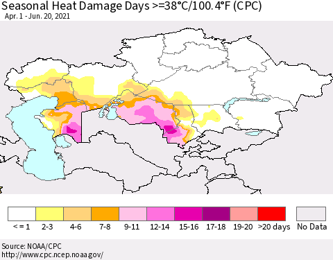 Kazakhstan Seasonal Heat Damage Days >=38°C/100°F (CPC) Thematic Map For 4/1/2021 - 6/20/2021