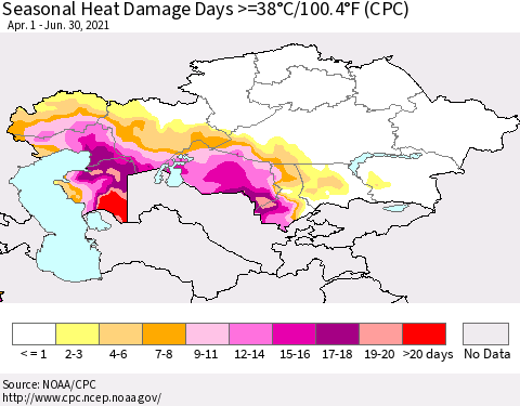 Kazakhstan Seasonal Heat Damage Days >=38°C/100°F (CPC) Thematic Map For 4/1/2021 - 6/30/2021