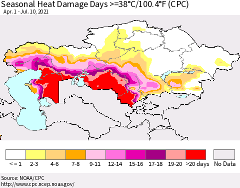 Kazakhstan Seasonal Heat Damage Days >=38°C/100°F (CPC) Thematic Map For 4/1/2021 - 7/10/2021