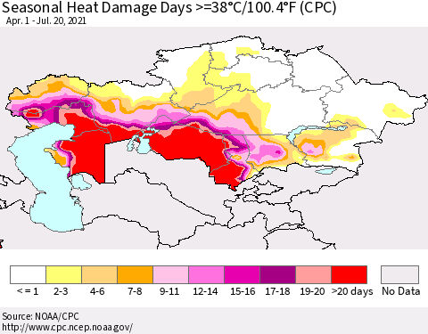 Kazakhstan Seasonal Heat Damage Days >=38°C/100°F (CPC) Thematic Map For 4/1/2021 - 7/20/2021