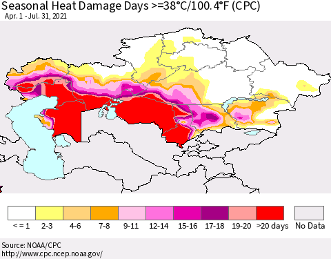 Kazakhstan Seasonal Heat Damage Days >=38°C/100°F (CPC) Thematic Map For 4/1/2021 - 7/31/2021