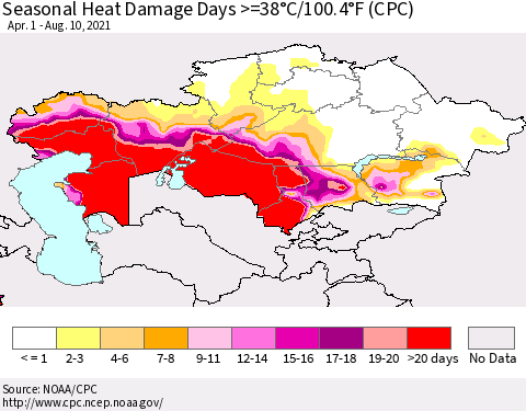 Kazakhstan Seasonal Heat Damage Days >=38°C/100°F (CPC) Thematic Map For 4/1/2021 - 8/10/2021