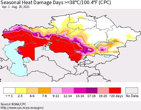 Kazakhstan Seasonal Heat Damage Days >=38°C/100°F (CPC) Thematic Map For 4/1/2021 - 8/20/2021