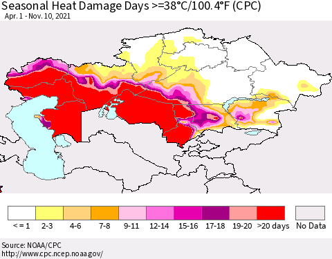 Kazakhstan Seasonal Heat Damage Days >=38°C/100°F (CPC) Thematic Map For 4/1/2021 - 11/10/2021