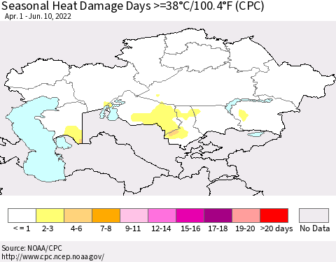 Kazakhstan Seasonal Heat Damage Days >=38°C/100°F (CPC) Thematic Map For 4/1/2022 - 6/10/2022