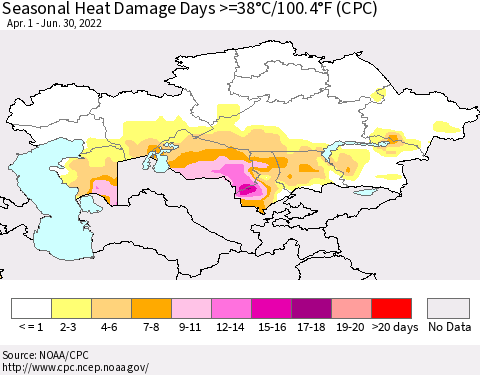 Kazakhstan Seasonal Heat Damage Days >=38°C/100°F (CPC) Thematic Map For 4/1/2022 - 6/30/2022
