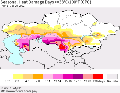 Kazakhstan Seasonal Heat Damage Days >=38°C/100°F (CPC) Thematic Map For 4/1/2022 - 7/20/2022
