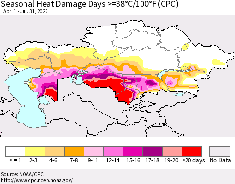 Kazakhstan Seasonal Heat Damage Days >=38°C/100°F (CPC) Thematic Map For 4/1/2022 - 7/31/2022