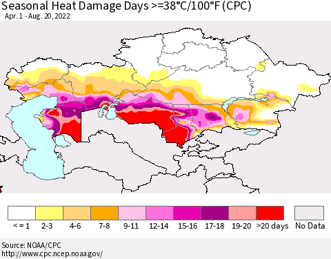 Kazakhstan Seasonal Heat Damage Days >=38°C/100°F (CPC) Thematic Map For 4/1/2022 - 8/20/2022