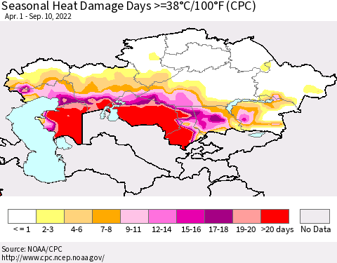 Kazakhstan Seasonal Heat Damage Days >=38°C/100°F (CPC) Thematic Map For 4/1/2022 - 9/10/2022